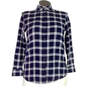 Lands End Flannel Shirt Womens M Blue White Plaid Cotton Long Sleeve Button Up